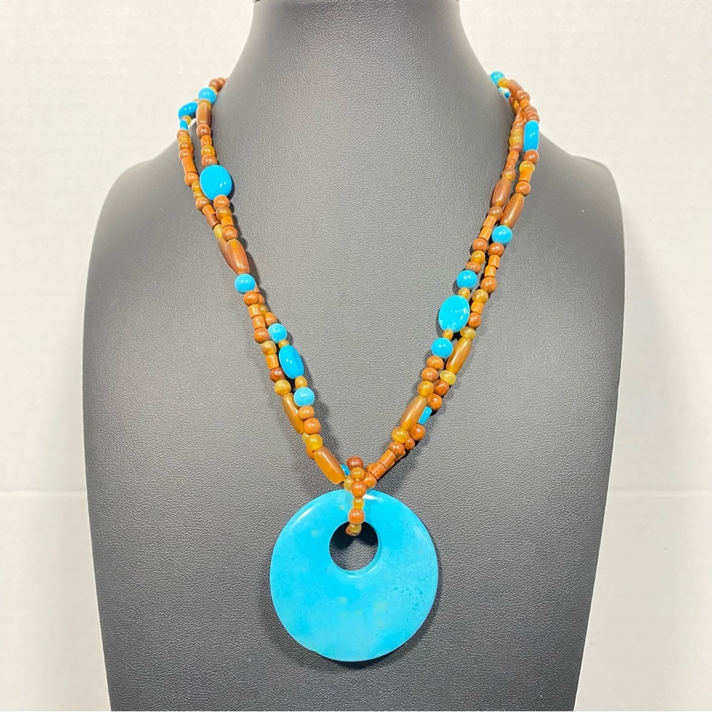 Coldwater Creek Blue Turquoise Horn Disc on Double Strand Beaded Necklace NWT